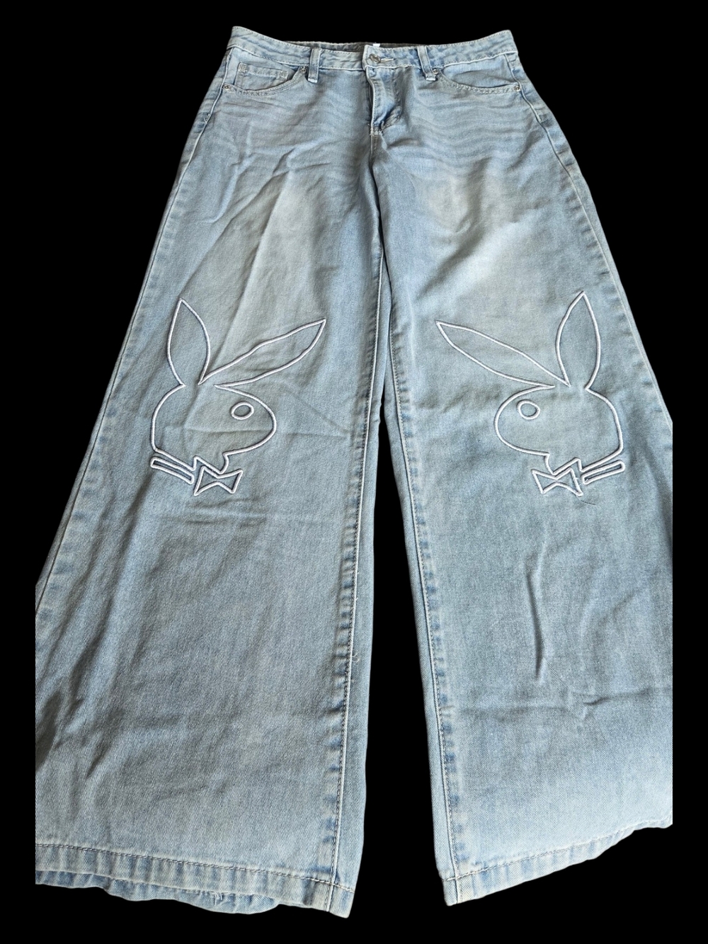 Vintage Y2K PLAYBOY Light Blue Wide-Leg Jeans with Bunny Outline Sz 7